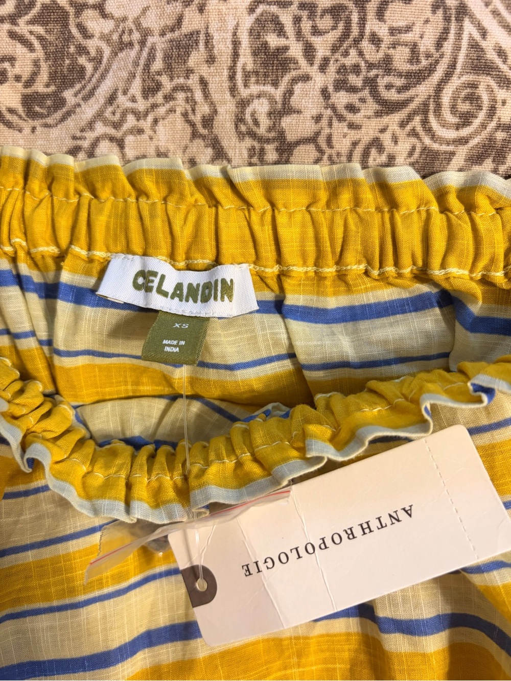 Anthropologie Yellow Striped Midi Skirt with Parrot Embroidery - Picture 2 of 6